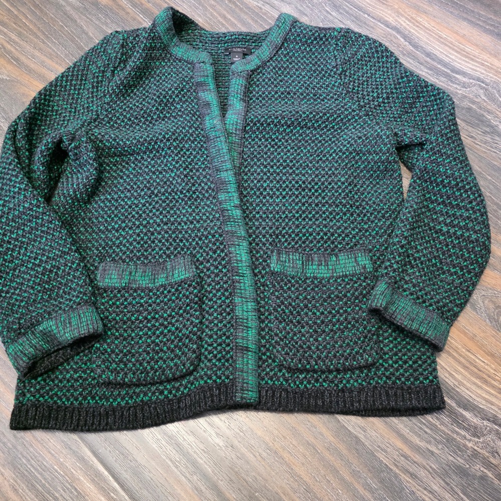 Ann Taylor Factory Green Black Textured Open Front Cardigan Sweater Womens M